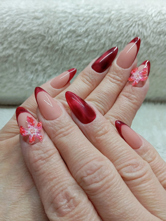 Kit Press-on Nails Rouge Bordeaux Papillons Roses
