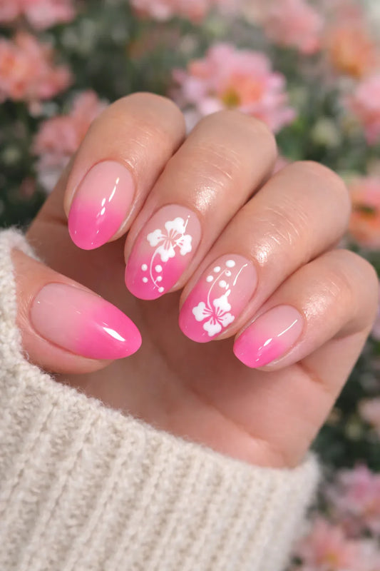 Kit Press-on Nails Rose Dégradé Fleurs Blanches