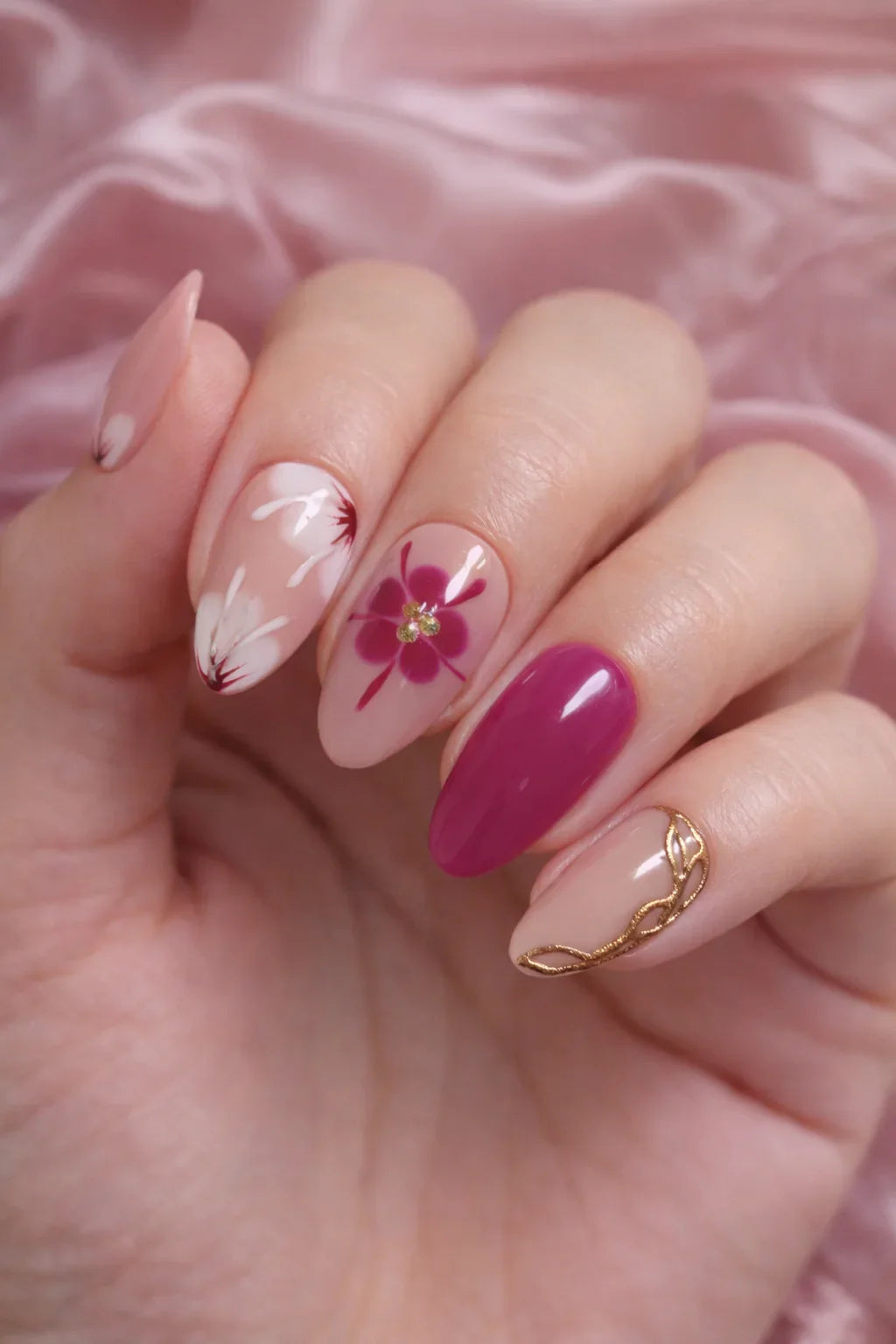 Kit Press-on Nails Fleurs Fuchsia et Or
