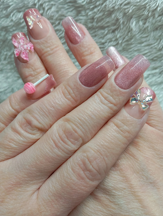 Kit Press-on Nails Rose Pailleté Papillons et Nœuds