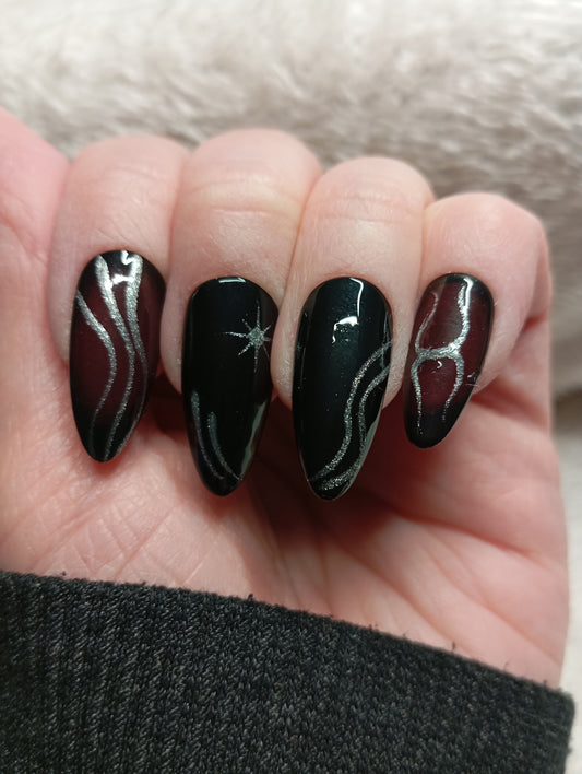 Press on Nails Noir Étoilé Amande Longue | Faux Ongles Fait Main Mystère Étoilé – Claé&Co
