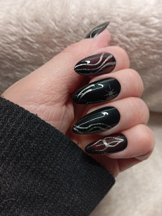 Press on Nails Noir Étoilé Amande Longue | Faux Ongles Fait Main Mystère Étoilé – Claé&Co